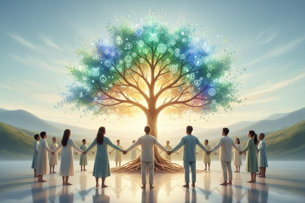 Un gruppo di persone vestite con abiti chiari si tiene per mano in cerchio attorno a un grande albero luminoso decorato con icone digitali.