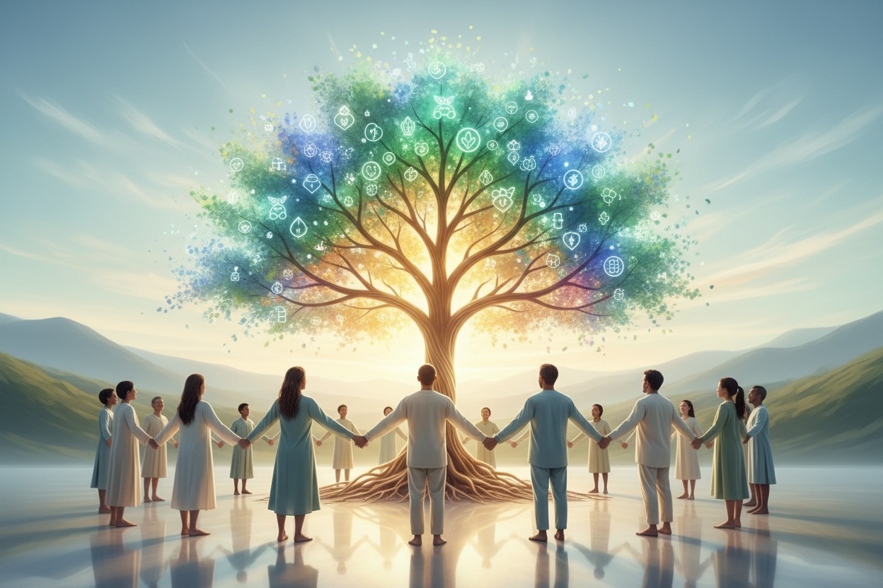 Un gruppo di persone vestite con abiti chiari si tiene per mano in cerchio attorno a un grande albero luminoso decorato con icone digitali.