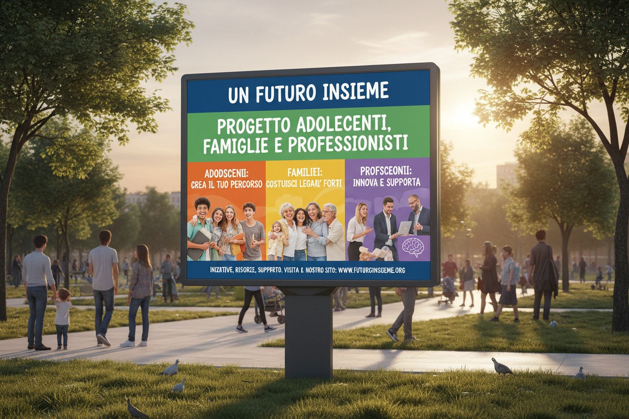 Cartellone pubblicitario in un parco che promuove il progetto "Un futuro insieme" rivolto ad adolescenti, famiglie e professionisti.