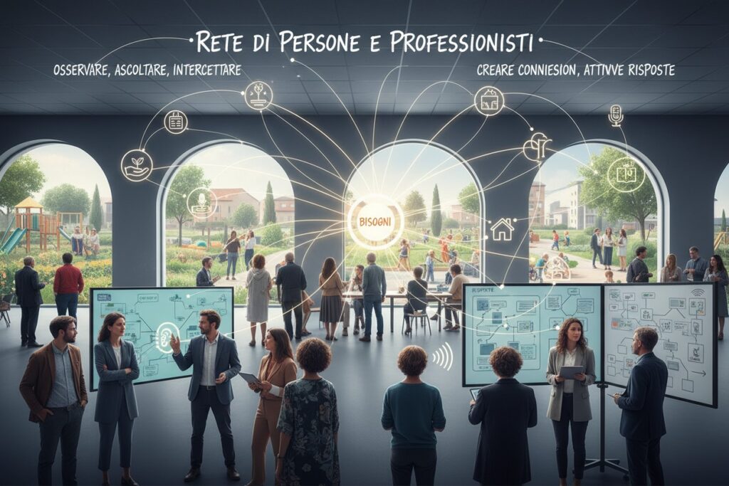 Un gruppo di professionisti collabora in un ufficio moderno con ampie vetrate, visualizzando su schermi interattivi una rete di connessioni che parte dal centro con la scritta "Bisogni".